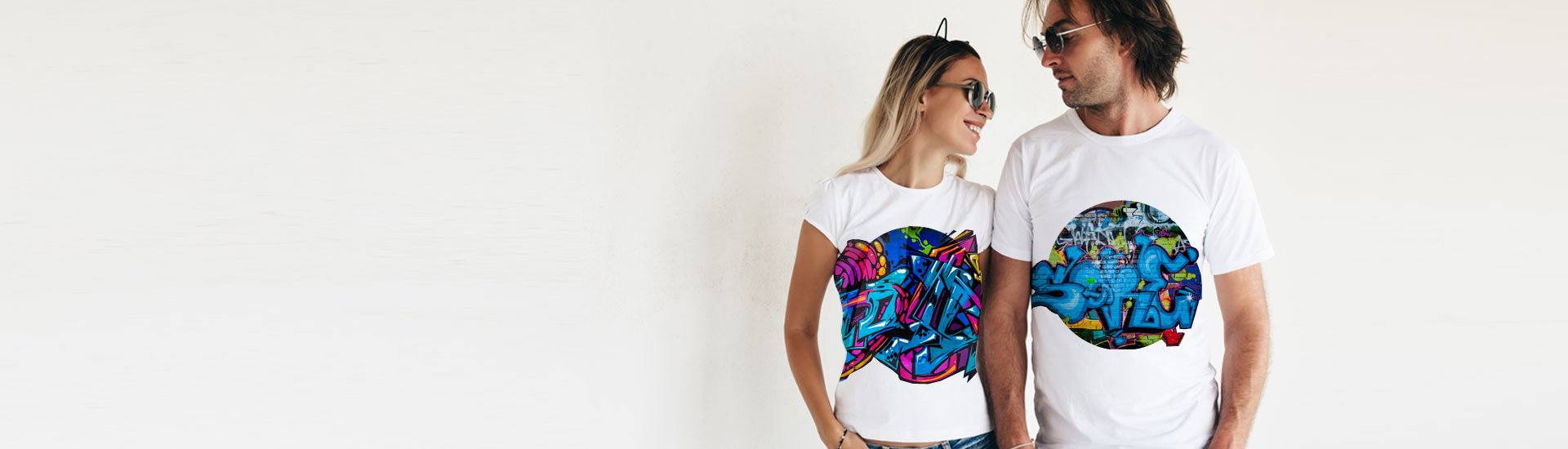 Man and Woman Wearing Printed T-shirt